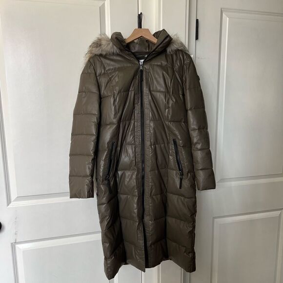 Calvin Klein Olive green womens fur puffer jacket trench coat size medium